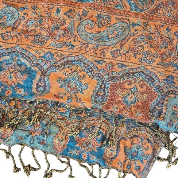 Cashmere, Silk & Viscose Blue & Beige Shawl w Fringe - Picture 2 of 7